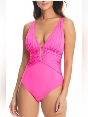 Bleu by Rod Beattie‎ Ruched One-Piece Swimsuit In Pink Bling Size 12 NWT